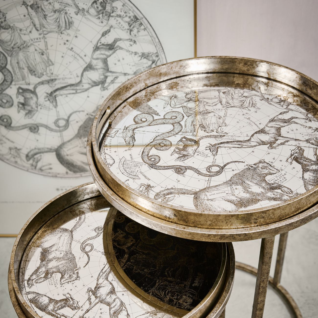 Set of 2 Constellation Map Antique Gold Side Tables